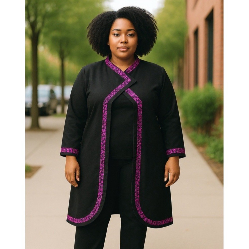Ashro Womens Black Shiny Long Open Jacket Purple Sequin Trim Church Evening 16